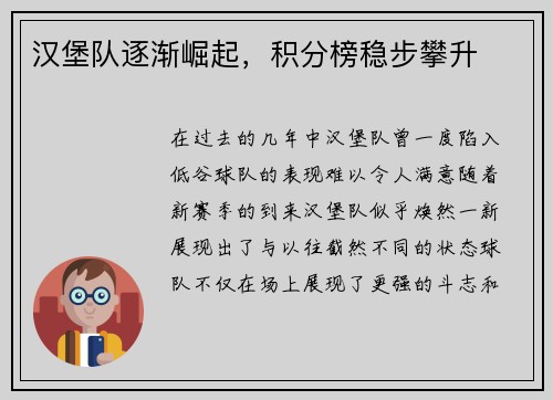 汉堡队逐渐崛起，积分榜稳步攀升
