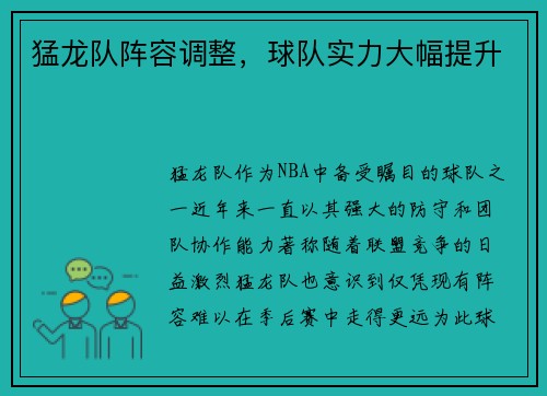 猛龙队阵容调整，球队实力大幅提升