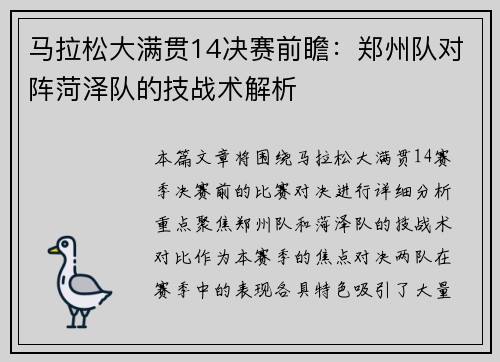 马拉松大满贯14决赛前瞻：郑州队对阵菏泽队的技战术解析
